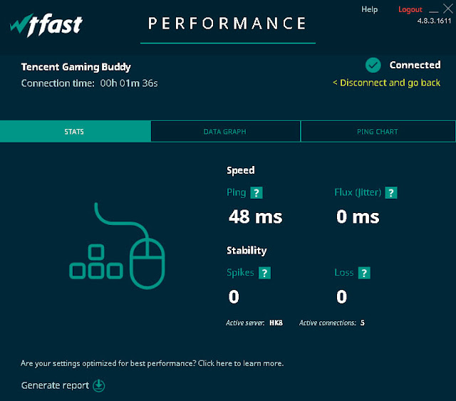 WTFast will show you your connection status with information about your connection Speed and Stability.