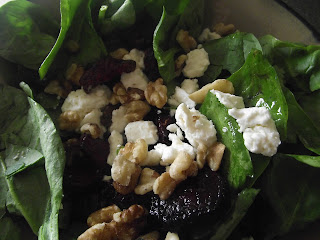 Beet, feta and walnut spinach salad