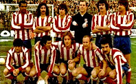 CLUB ATLÉTICO DE MADRID - Madrid, España - Temporada 1977-78 - Luiz Pereira, Rubén Ayala, Marcelino, Reina, Leal, Benegas; Aguilar, Rubén Cano, Leivinha, Marcial y Capón - ATLÉTICO DE MADRID 1 (Leal), F. C. BARCELONA 0 - 12/02/1978 - Liga de 1ª División, jornada 21 - Madrid, estadio Vicente Calderón - El At. Madrid es 6º clasificado, con Luis Aragonés de entrenador