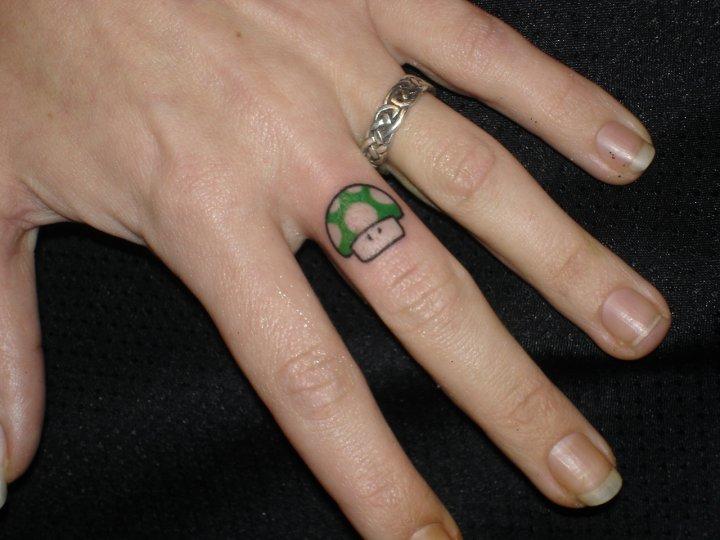 Tattoo Color 1 Up Mushroom on Finger Super Mario Brothers Nintendo