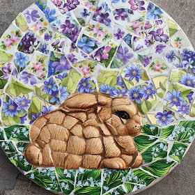 Mosaic bunny dreaming flowers stepping stone