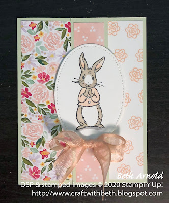 Craft with Beth: Stampin' Up! card Easter card Fable Friends stamp set Varied Vases stamp set z-fold card fun fold Petal Pink Organdy Ribbon Stitched Shapes Dies Easter Bunny Stampin' Blends Best Dressed Designer Series Paper DSP