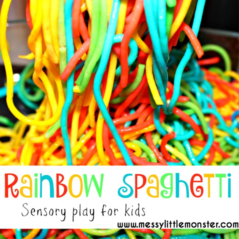 How to Make Rainbow Spaghetti for Sensory Play - Messy Little Monster