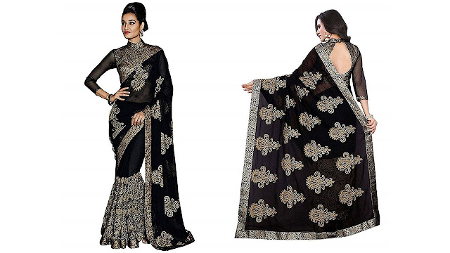 Sareena Designer sarees Women's Black Georgette Heavy Party Wear sarees for women latest design 2018 Mega Sale Offer (KashiBlack-SAREENA15# Black)