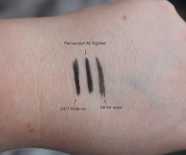 Swatches of the Little Perversions Eyeliners from the Urban Decay Goodie Bag