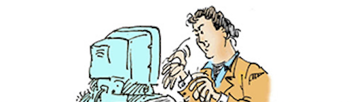 Cartoon of Mark Evanier typing away at keyboard