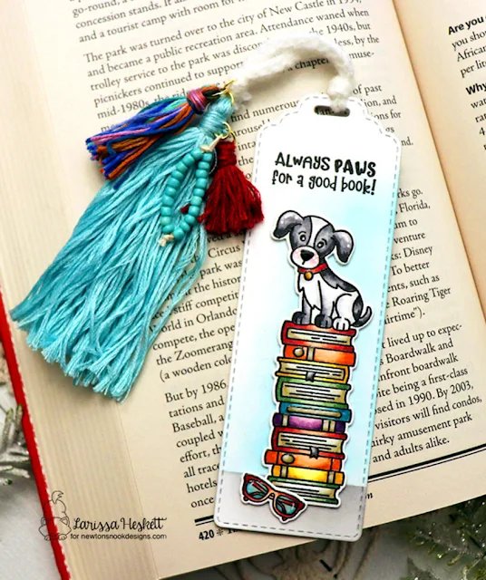 Always Paws for a Good Book Bookmark for Newton's Nook Designs by Larissa Heskett using All Booked Up, Bookmark Die Set, Coffee House Stories Paper Pad #newtonsnook #newtonsnookdesigns #allbookedup #bookmarkdieset #handmadebookmarks #coffeehousestoriespaperpad