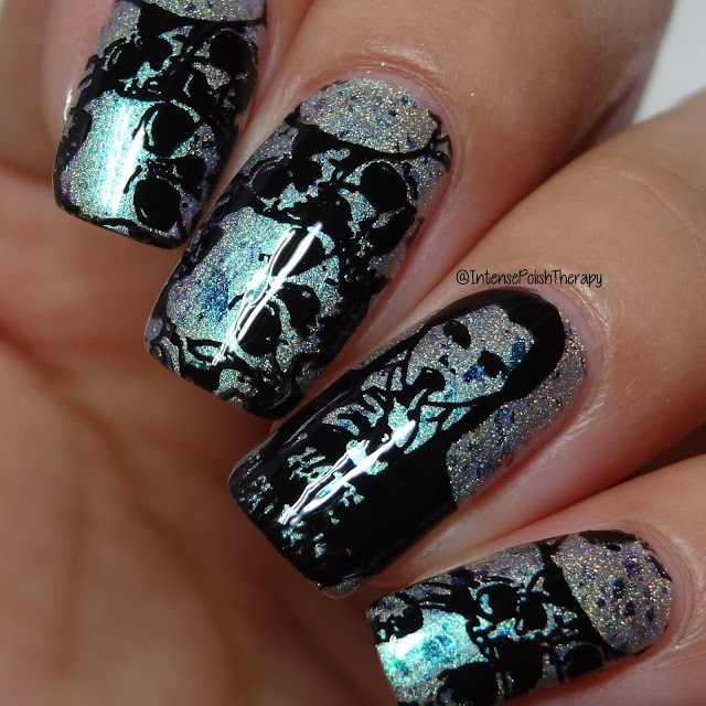 Nevermind Polish Basilisk's Bite, Sugar Bubbles SB 050 stamping plate, & Cre8tion 02 Black Stamping Polish