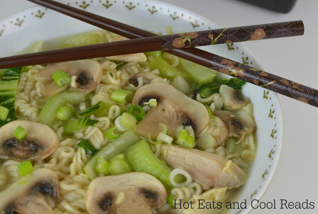 Quick and easy soup recipe that will warm you up on a cold day! Perfect for weeknights or lunch! Chicken, Bok Choy and Mushroom Ramen Soup Recipe from Hot Eats and Cool Reads