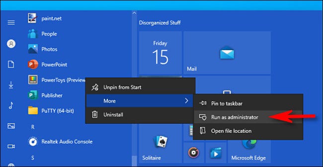 في Windows 10 ، انقر بزر الماوس الأيمن فوق أحد التطبيقات واختر "تشغيل كمسؤول".