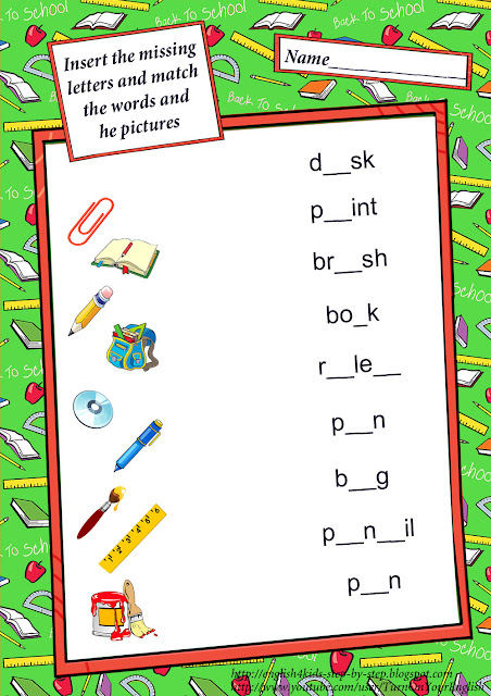 insert missing letters school vocabulary worksheet