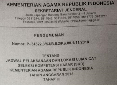 Download Pengumuman Nomor: P- 34522.3/SJ/B.II.2/Kp.00.1/11/2018 Tentang Jadwal dan Lokasi Ujian CAT Seleksi Kompetensi Dasar/SKD Kemenag Tahun Anggaran 2018 Tahap 3/III