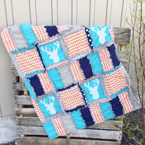 Orange Deer Silhouette Rag Quilt for Baby Boy Crib Bedding