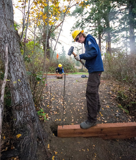 A WCC AmeriCorps member wearing a yellow hard hat pounds rebar into a piece of wood stretching across a trail.