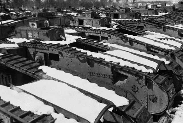 US World War I tanks waiting to be scrapped 16 April 1942 worldwartwo.filminspector.com