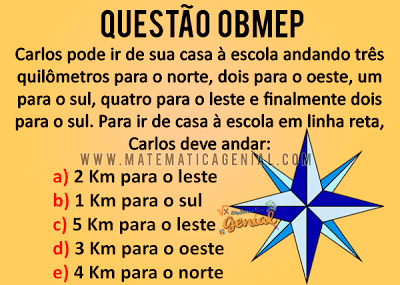 Carlos pode ir de sua casa à escola andando três quilômetros para o norte, dois para...