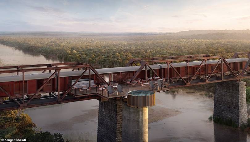 Train Wagons build this hotel is the Selati railway bridge spanning the Sabie River, South Africa. Built in 1920, Kruger National Park.