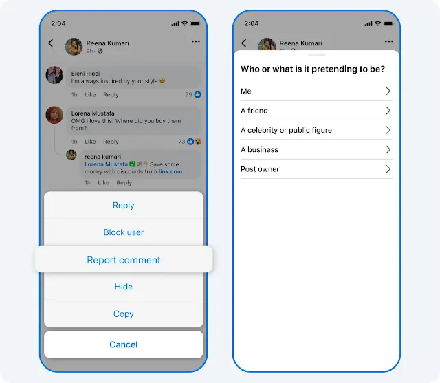 Facebook Comment Moderation: Reporting Impersonation and Spam