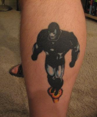 Iron man tattoo leg.