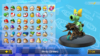 new character select screen with Birdo in the top right and five question marks below her