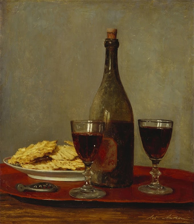 Альберт Анкер   -  Натюрморт с двумя бокалами красного вина, бутылкой вина, штопором и тарелкой печенья на подносе