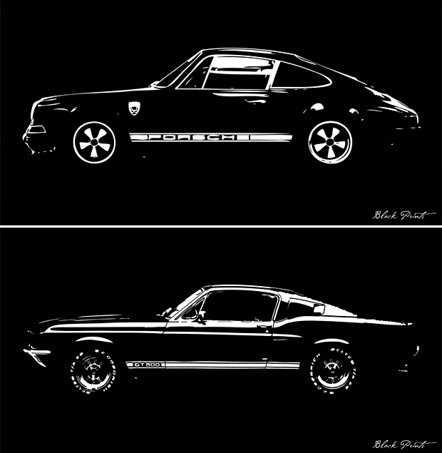 Blackprints Car Designs Reimagined Car lover Sabrina Chun is the artist behind these black & white prints of vintage cars. The high contrast of the inverse prints reveals each car’s form in striking simplicity. The Porshce 911 a 1967 Mustang GT500 anda DeLorean