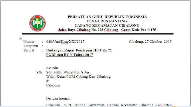 CONTOH SURAT UNDANGAN PERSIAPAN HUT PGRI DAN HGN - Pusat 