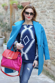 Miu Miu rasoir sunglasses, aztec sweater, Blue oversized coat, Marc by Marc Jacobs color block bag, Fashion and Cookies, fashion blogger