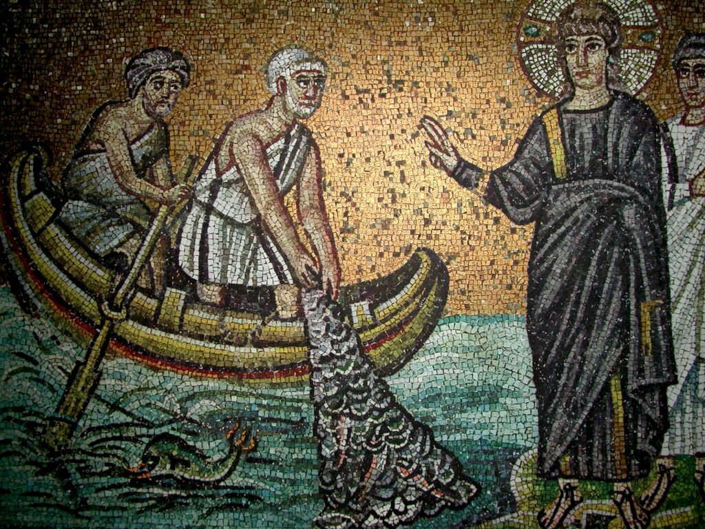 Apostolo Andrea: Sant'Apollinare Nuovo, Ravenna, Mosaico della Vocazione di  San Pietro e Sant'Andrea, V secolo
