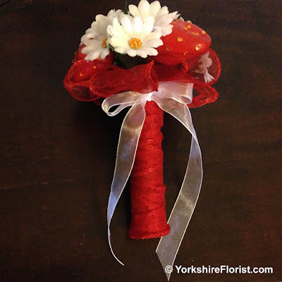  bridesmaid posy with red strawberry white daisy and yellow diamante