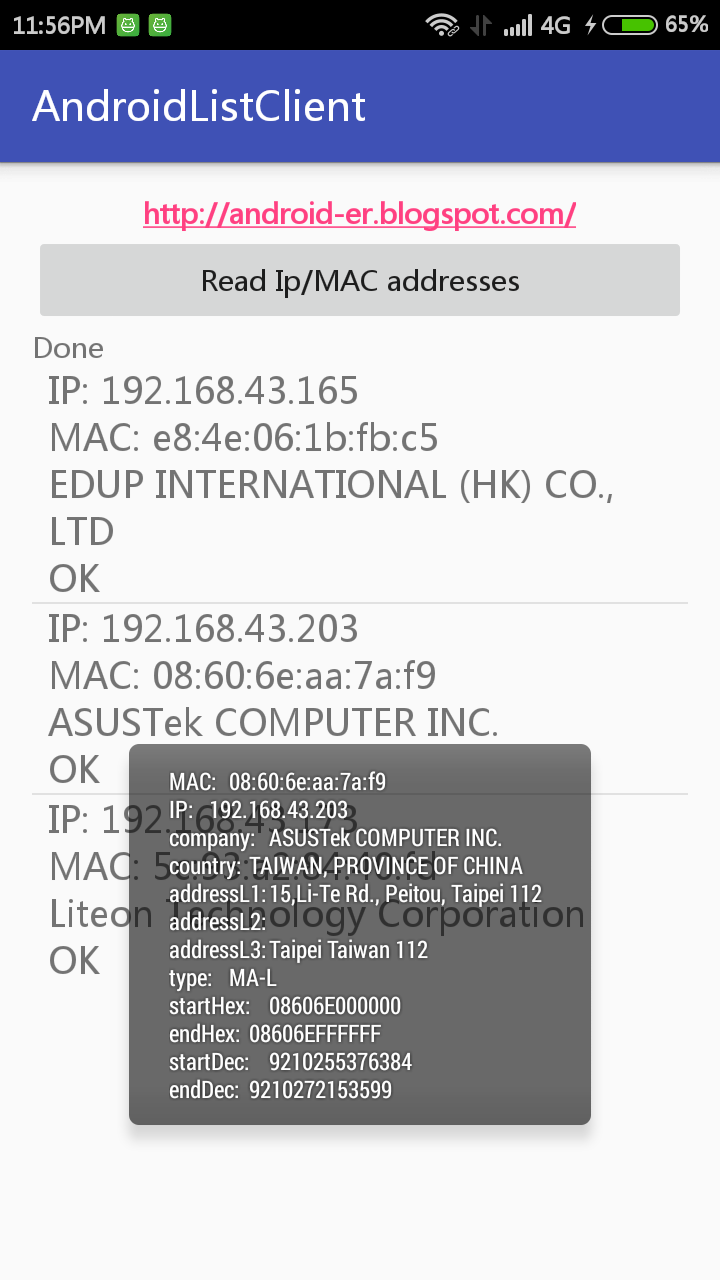 Android er Lookup  manufacturer info by MAC  address using 