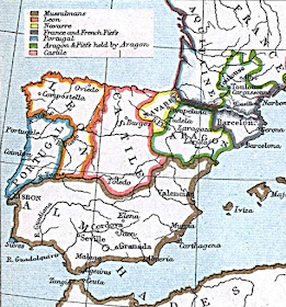 A map of the Iberian peninsula in 1210 CE. The bottom half is largely taken up by Muslim territory, which extends across the Strait of Gibraltar into Africa. The northern half of what is now Portugal has become the earliest beginnings of that nation. Around it on the north and east is León. The east of León is Castille. East of Castille is Aragón, with the smaller kingdom of Navarre squished between them in their northern halves. To the east of Aragón is an area containing Barcelona and portions of southern France which is somewhat confusingly labelled on this map.