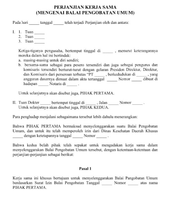 Contoh Surat Perjanjian Kerja Sama Balai Pengobatan Format 