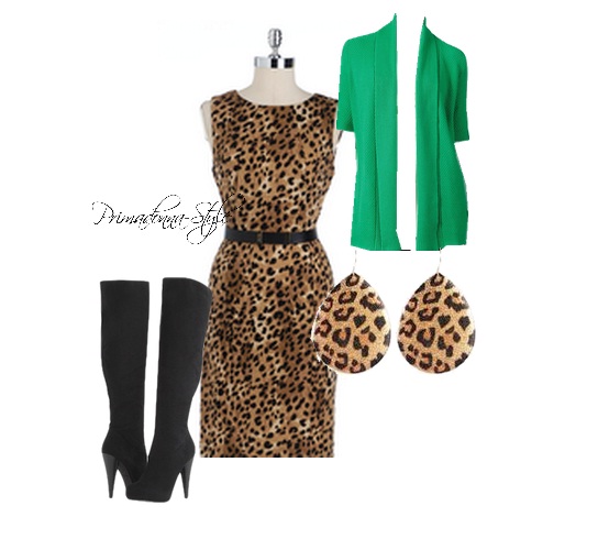 leopard animal print dress, michael antonio halpern knee boots, green cardigan