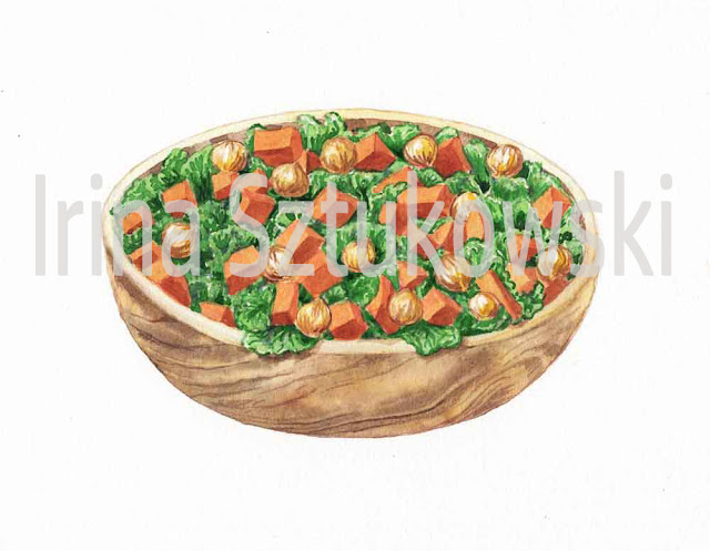 painting of Kale salad with veggies in watercolor realism 