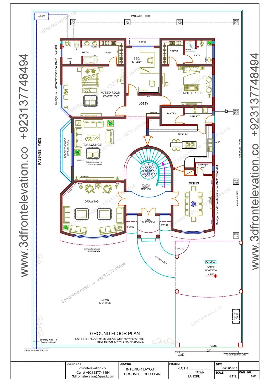 2 KANAL CLASSIAL HOUSE PLAN WITH CENTER DOUBLE HEIGHT STAIR 