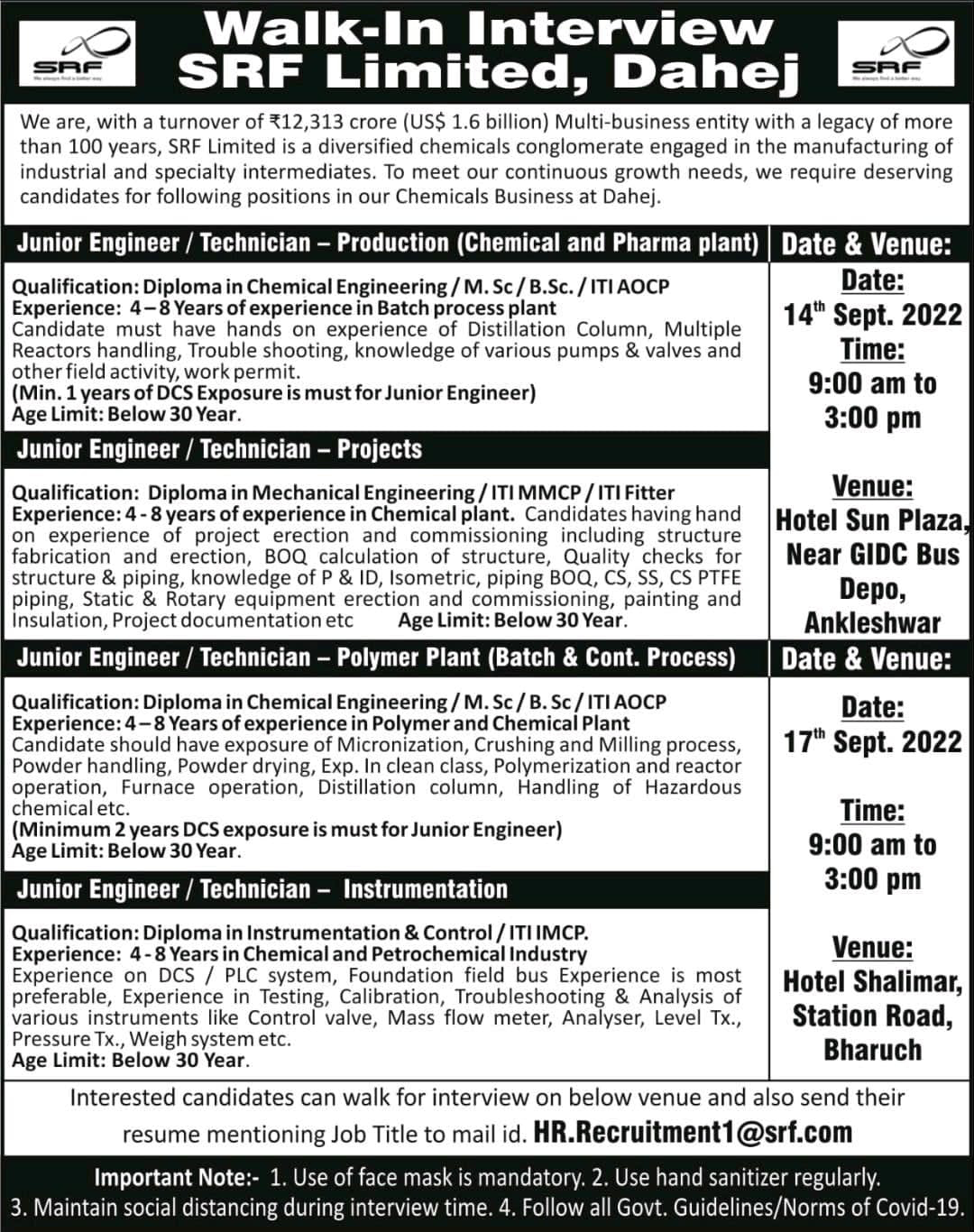 Job Available's for SRF Ltd Walk-In Interview for Diploma in Chemical Engineering/ Mechanical Engineering/ Instrumentation/ MSc/ BSc/ ITI AOCP/ MMCP/ IMCP