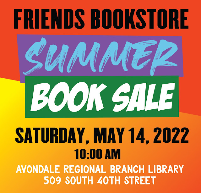 Red, yellow, and orange background advertising the Summer Book Sale.
