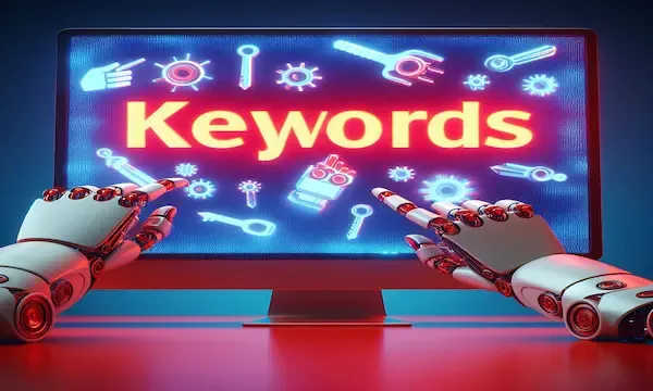 two robotic hands positioned in front of a computer monitor. The monitor displays the word “Keywords” in large, bold letters, surrounded by various icons representing different tools and elements commonly associated with keywords or SEO