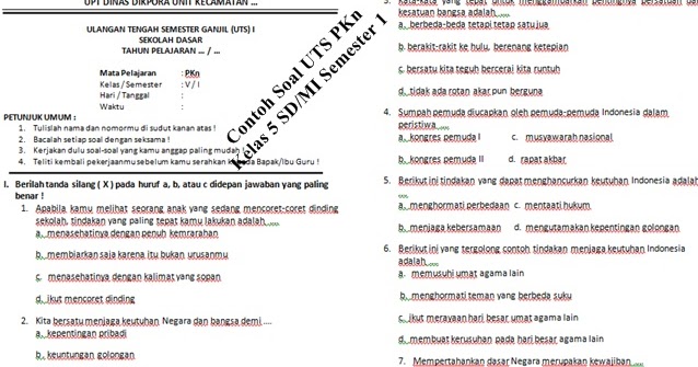 Contoh Soal UTS PKn Kelas 5 SD Semester 1 dan Kunci Jawaban