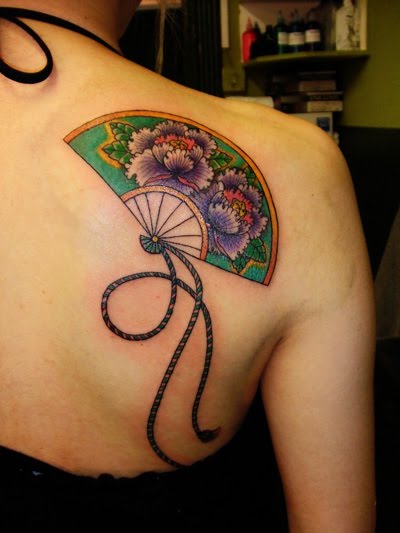 Oriental fan with Chinese peonies I love it so much The tattoo shop was 