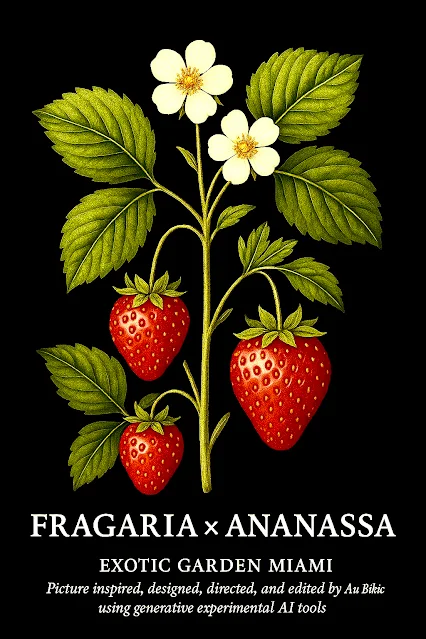 Botanical Art Print Design, Inspired, Directed, and Edited By Artist Ana Bikic With Experimental AI.Fragaria X Ananassa Strawberry Plant Edible Fruit Care Exotic Gardens Miami Fruits.