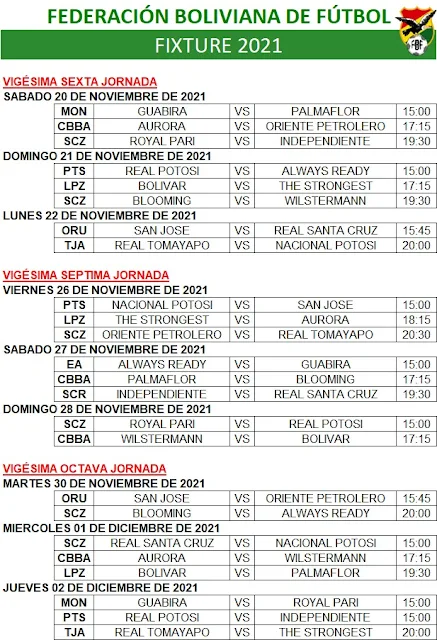 Fixture Fecha 26, 27 y 28 Torneo 2021