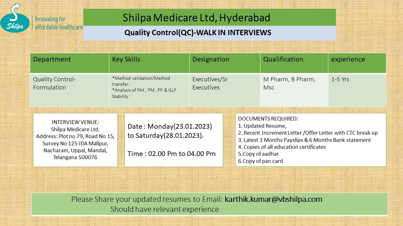 Job Availables, Shilpa Medicare Ltd Walk In Interview For Quality Control Department