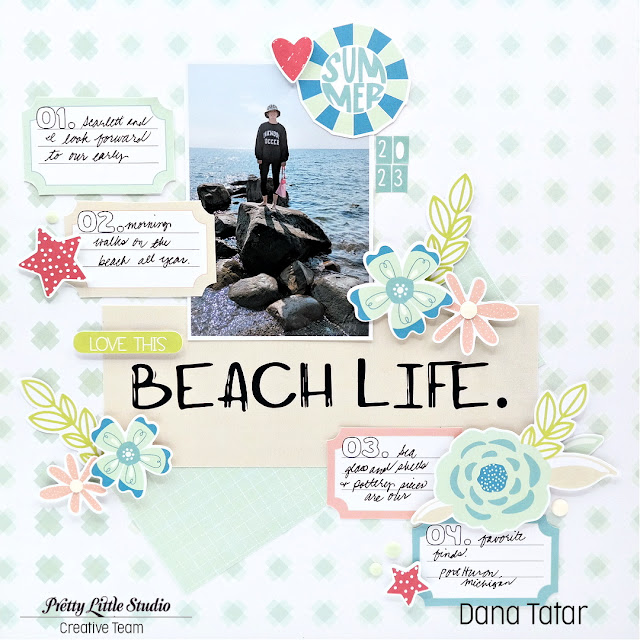 Beach life summer scrapbook layout with die-cut embellishments created with the new Hey Summer collection by Ashley Horton for Pretty Little Studio.
