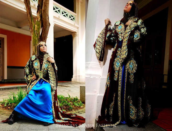 Deep Burgundy and Blue Arabic Style Islamic Wedding Dress With Hijab