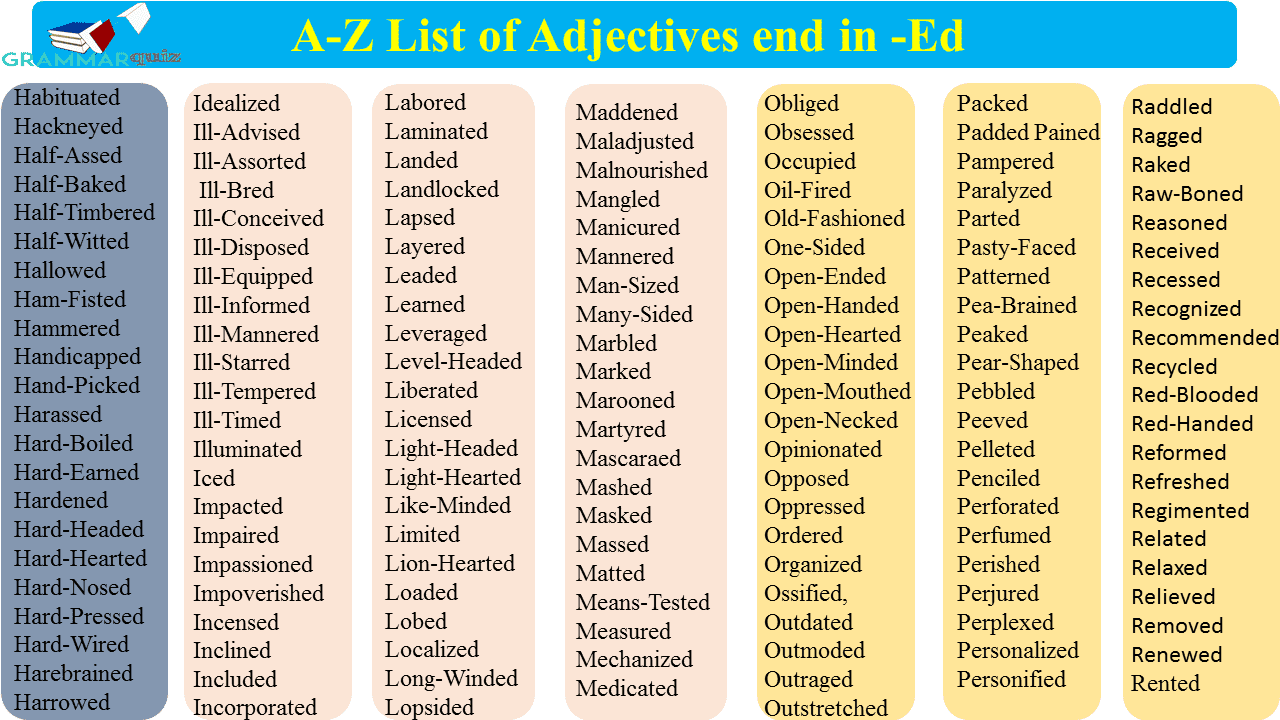 A-Z List of Adjectives end in -ed