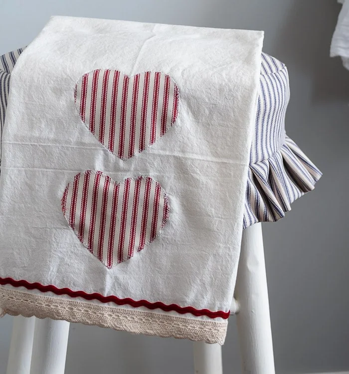ticking hearts tea towel, ruffled stool cover