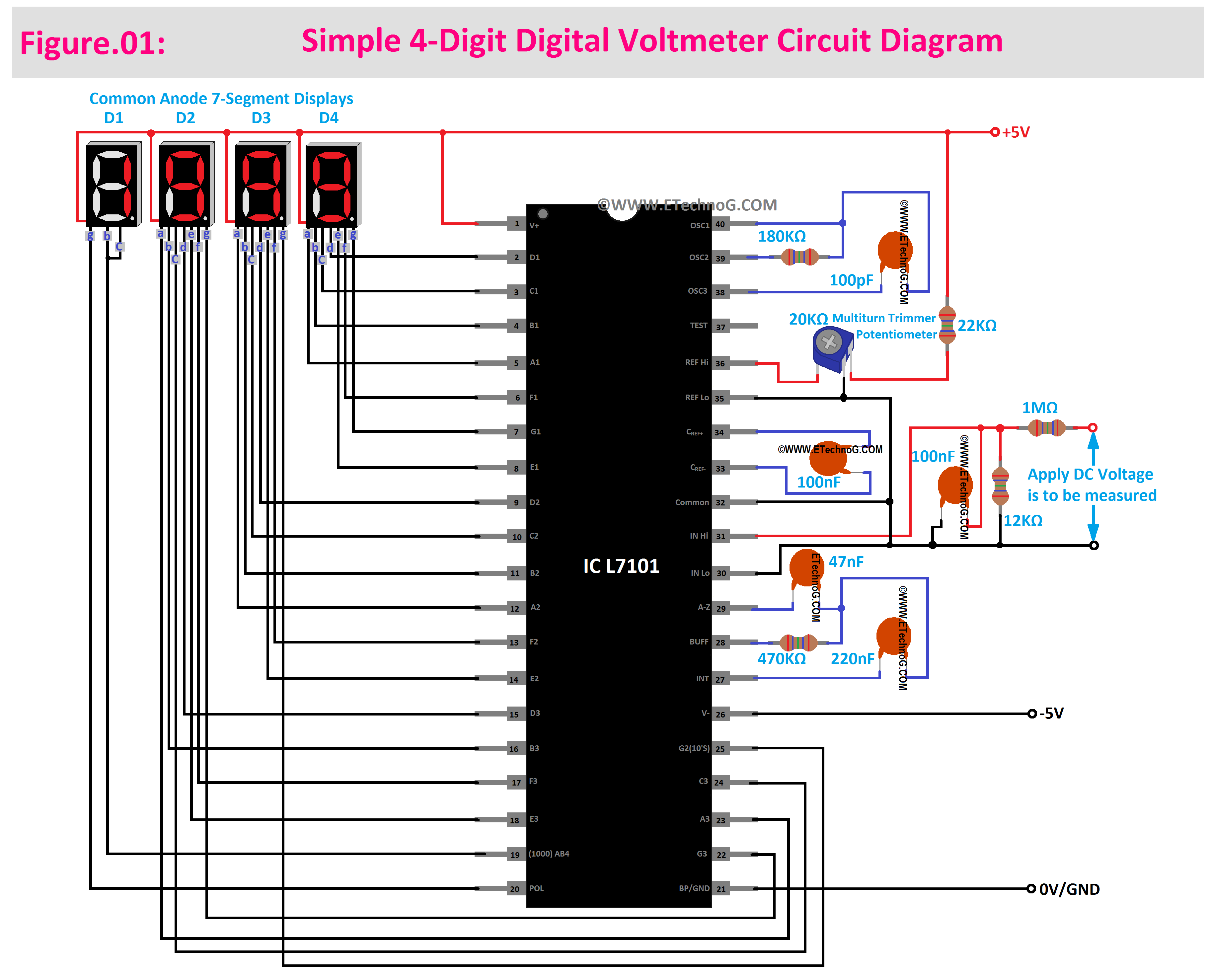 Simple Digital Voltmeter Circuit Diagram, Digital Voltmeter Circuit using ICL7107
