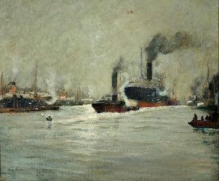 A Busy Harbor - Scene with an Ocean Liner and Tugboat.jpg
